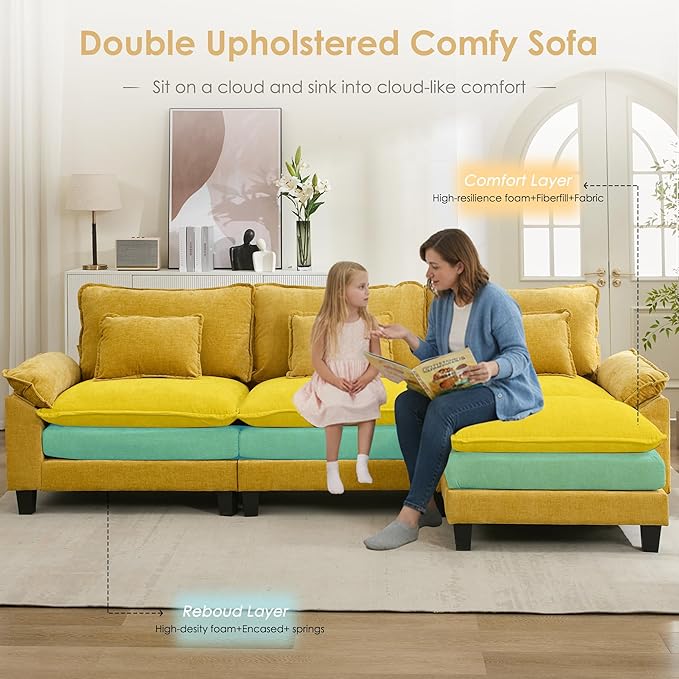URRED Cloud Couch Modular Sectional Sofa, 122'' Modern L Shaped Deep Seat Sofa with Ottoman & Pillows, Ultra Comfy Chenille Couches for Living Room, Bedroom or Apartment. Yellow