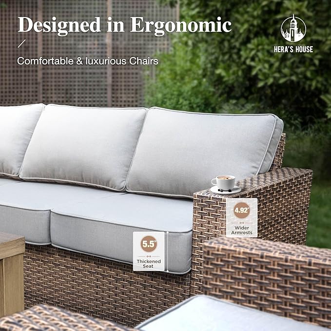 HERA'S HOUSE Swivel Glider Patio Furiture Set with 4.92" Wide Armrests, Outdoor Wicker Conversation with 5.5" Waterproof Cushions, 6 Pieces Outside Sofa Set for Deck Lawn, Grey