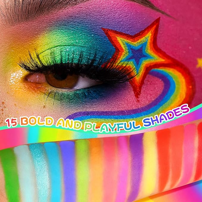 UCANBE Bright Colorful Neon Rainbow Makeup Eyeshadow Palette 15 Shades Green Purple Yellow Make Up Pallets Kit Vibrant Shimmer Matte Pigmented Blendable - Fruit Punch