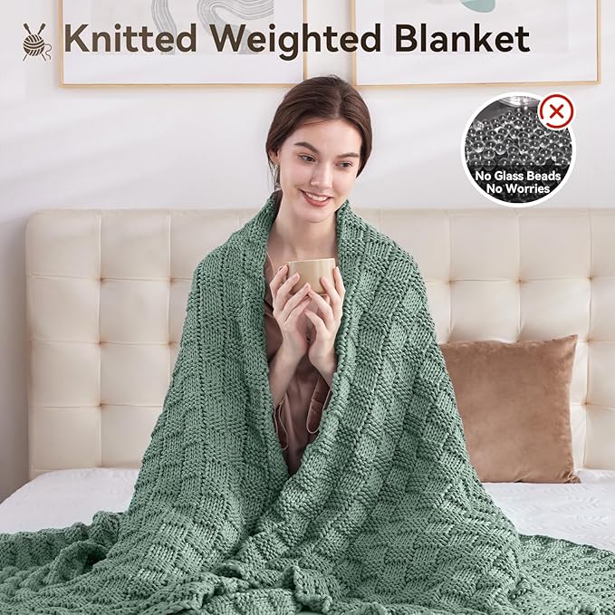 Knitted Weighted Blanket for Adult, No Beads Heavy Blanket 60” x 80'' 12lbs, Breathable Chunky Knit Blanket, Cooling Weighted Blanket for Hot Sleepers, Christmas Home Decor (Light Green)