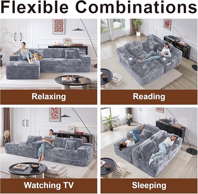 Cloud Sectional Couch with L-Shape Chaise, Modern Modular Sofa with Deep Seat, Built-in Cup Holder & Storage Pocket for Living Room Bedroom, No Assembly Required (Light Grey, Left Sitting Chaise)