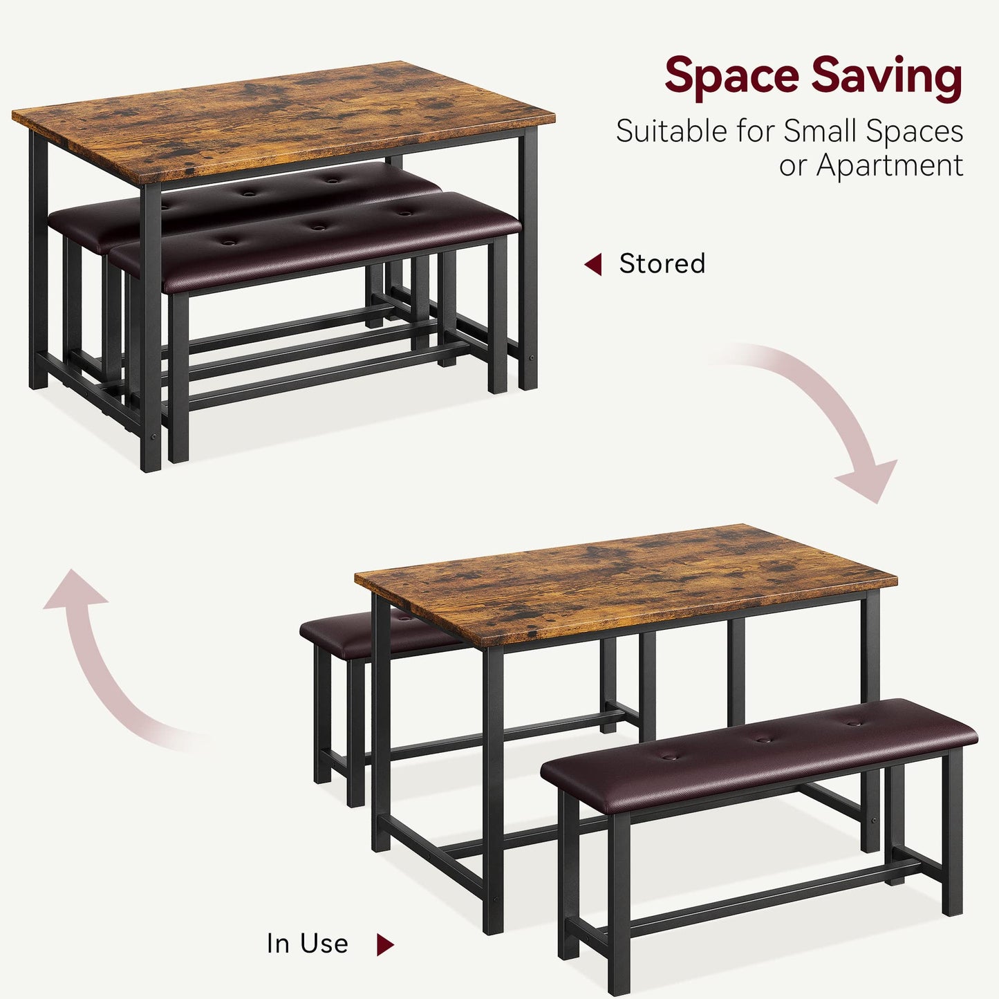 Alkmaar Kitchen Table Set with 2 Upholstered Benches for 4, Dining Room Metal and Wood Rectangular Table Set for Small Space, Apartment, Retro Brown