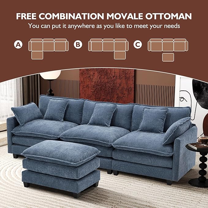 Ihanherry L Shaped Cloud Sofa 111.4" Modern Modular Sectional Couch with Ottoman, 4-Seat Chenille Deep Seat Sofa with Pillows for Living Room, Blue