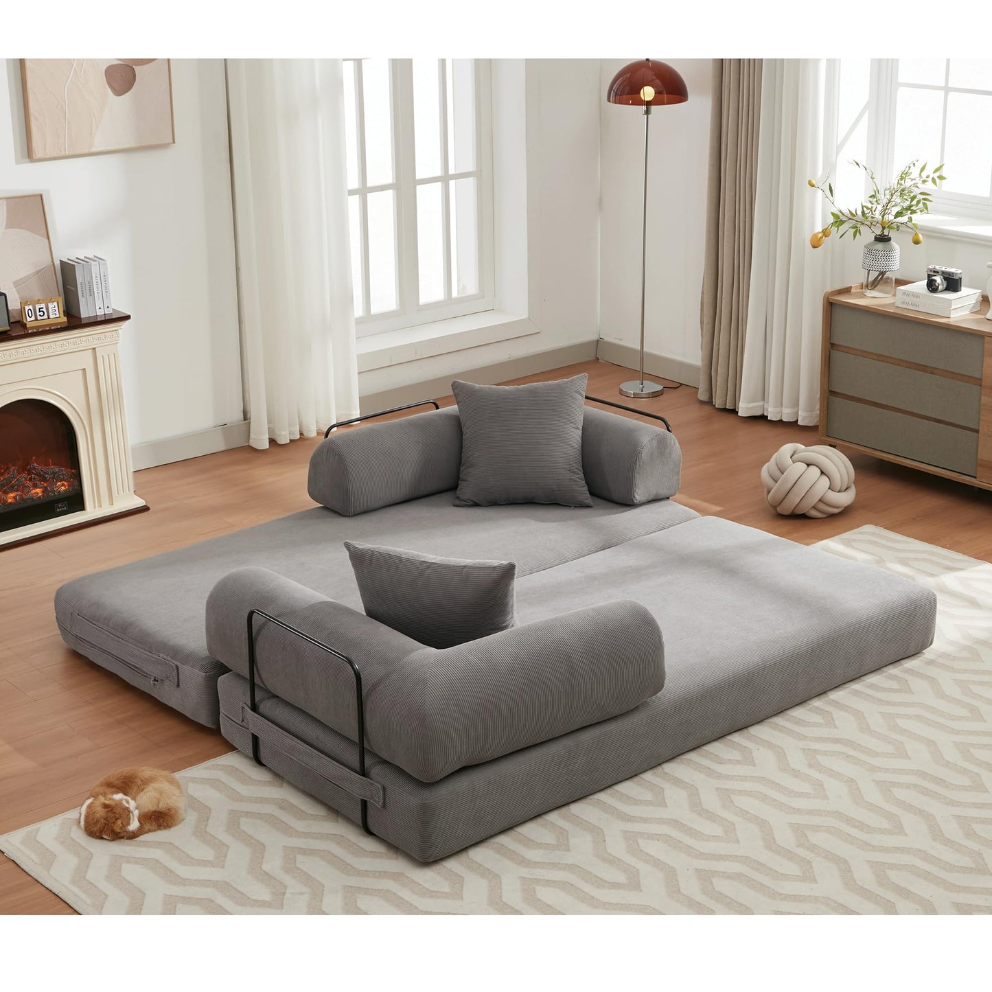 ZEIINPA Convertible Sleeper Sofa Bed with Cylindrical Pillow, Corduroy Folding Mattress Couch with Fixed-Shape Frame, Floor Sofa Lounge Couch for Living Room Bedroom Lounge Studio-Grey