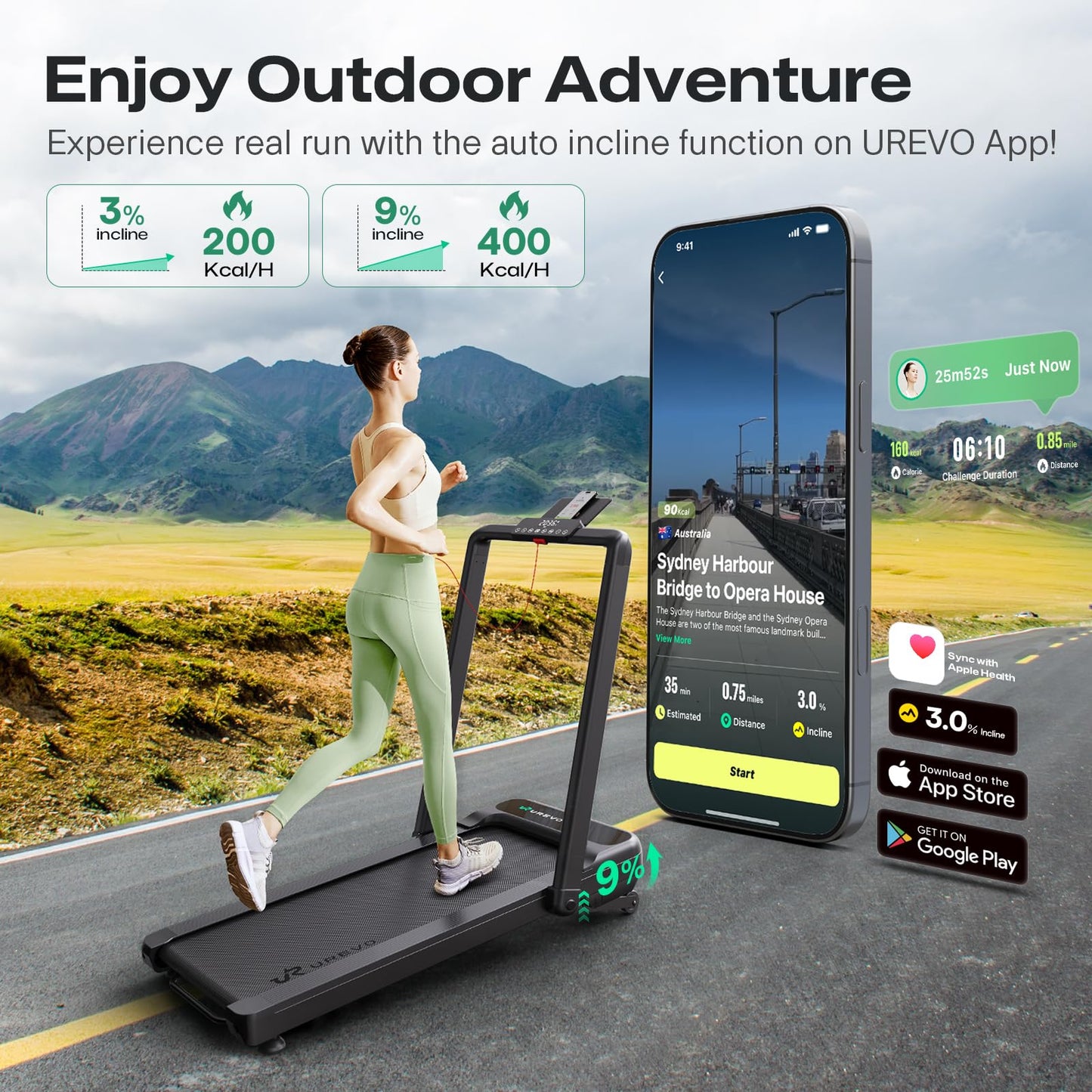 UREVO Smart Treadmill with 9% Incline, 3-in-1 Foldable Treadmill with Handle for Home/Office Fitness, Runner-Focused Design, 6 HIIT Programs & Auto Incline Follow Mode, 2 Display Screens, Plug & Play