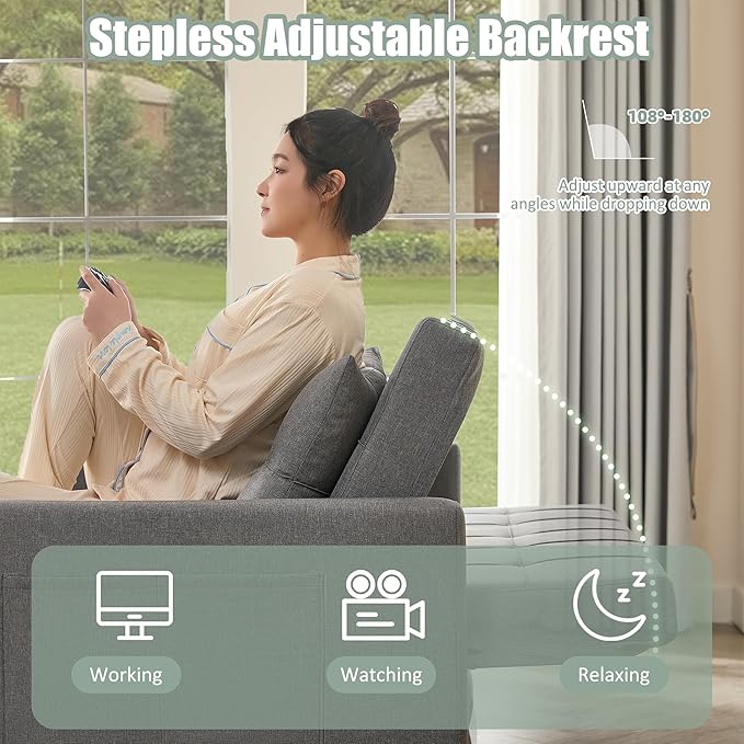 GOSUHI 52" Sleeper Sofa with Pull-Out Bed, 3-in-1 Convertible Sofa Bed, Loveseat with Stepless Adjustable Backrest and Side Pocket, for Living Room Dorm Apartment, Linen, Light Gray