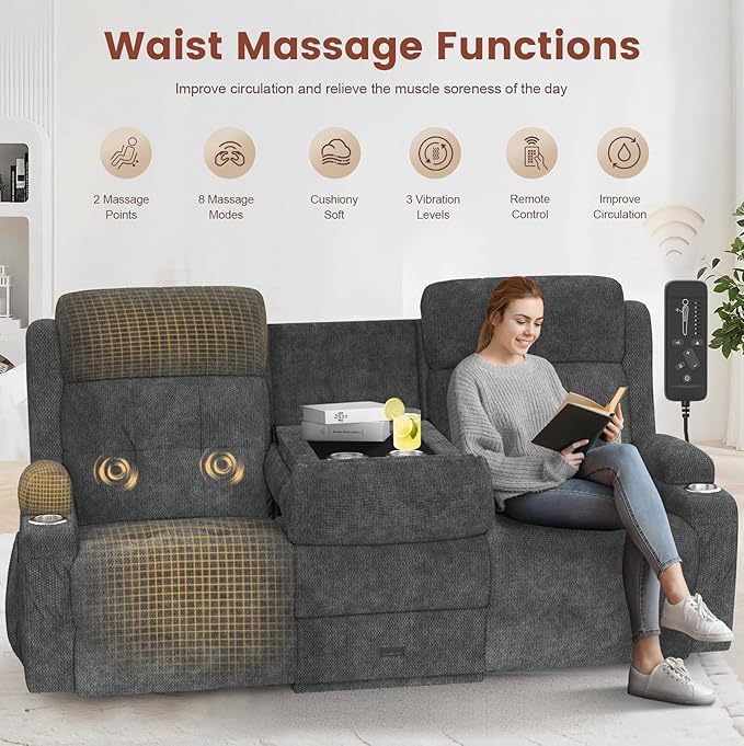 Recliner Sofa, Massage Reclining Sofa 3 Seater Sets Fabric Reclining Couch, RV Loveseat Couch Clearance with Flip Back Console, Storage, Cup Holders, Wall Hugger Reclining Couch for Living Room