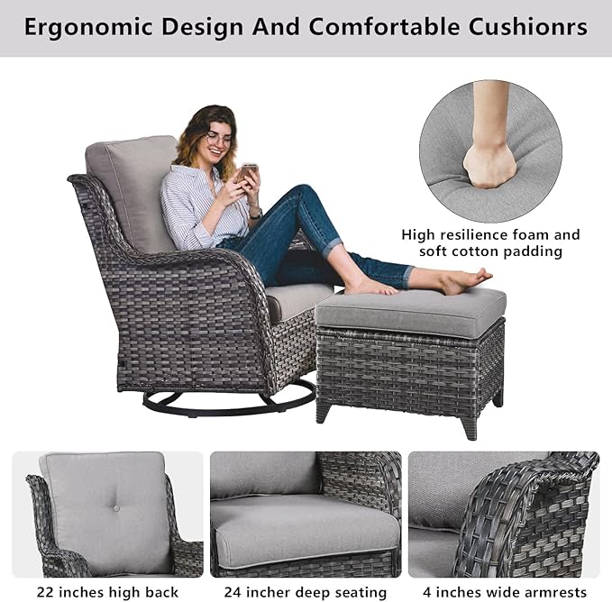 Belord 5 Pieces Patio Furniture Sets Wicker Outdoor Furniture, Rattan Patio Swivel Glider Chairs with 2 Ottoman and Glass Side Table