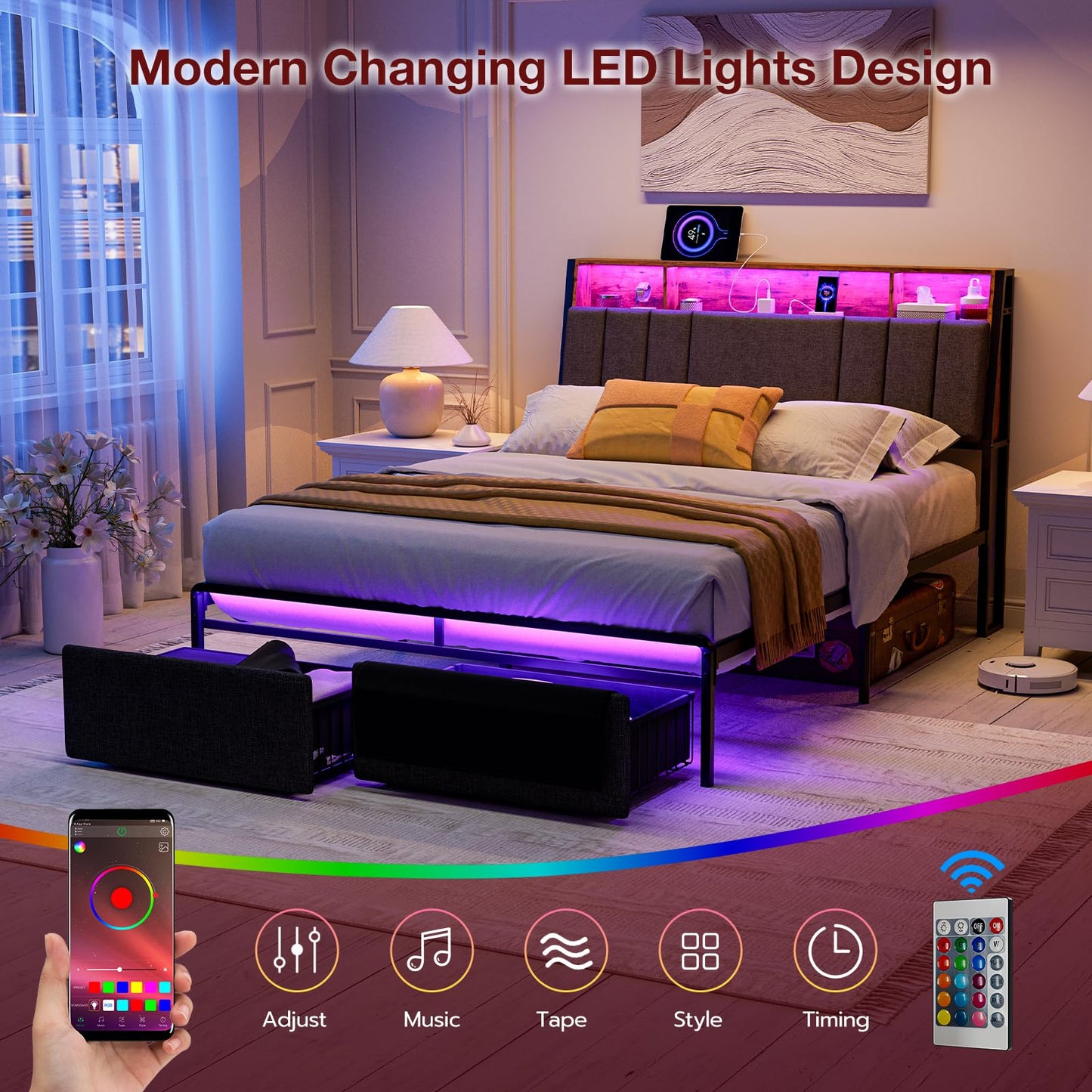 AOVSA Queen Bed Frame with Ergonomic Hidden Storage headboard & Dustproof Drawers, Upholstered Platform Bed with LED Lights and Charging Station, Easy Assembly, No Box Spring Needed, Dark Grey