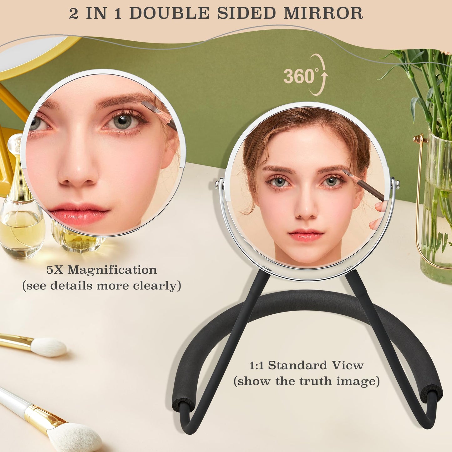 XWZMR Double Sided Mirror to See Back of Head,Big Size 360self Haircut Hands Free Adjustable Mirror,Standard Viewing and 5X Magn