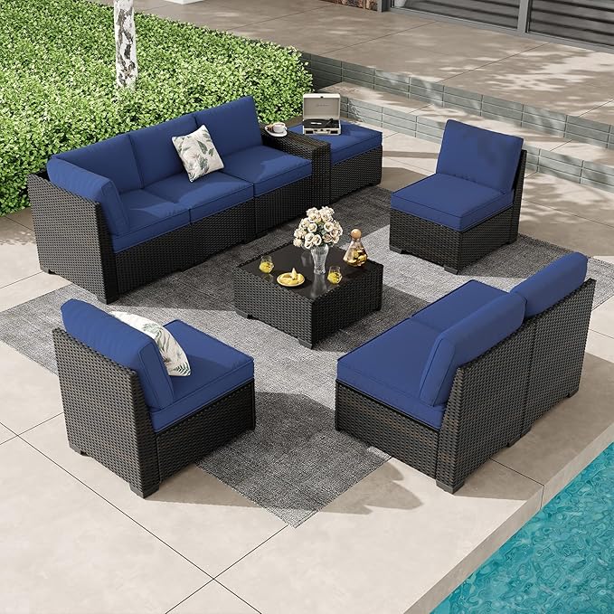 SunloungeCo 9 Pieces Outdoor Patio Furniture Set, Wicker Conversation Sets with Tea Table, Rattan Patio Sofa with Thick Cushions for Garden, Backyard Porch, Poolside,Navy