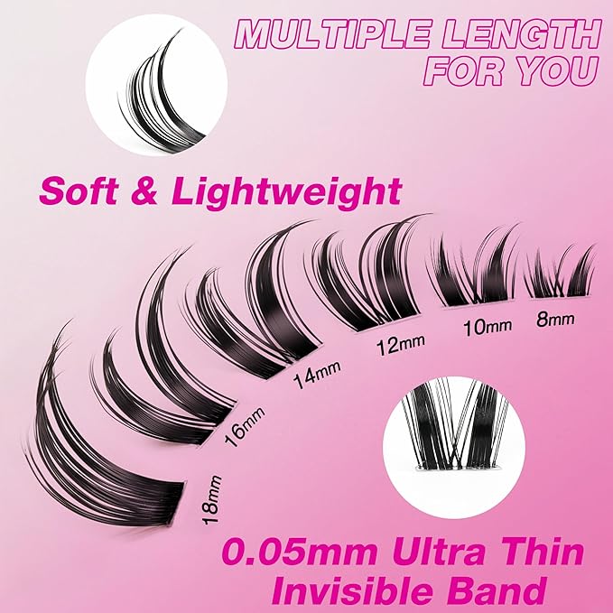 VEYESBEAUTY Lash Clusters Kit Individual Eyelash Extensions Thin & Invisible Band DIY False Eyelashes Newbie's Five-Second Series Wispy Lash Tray, Bunny KIT with Bond&Seal Remover Applicator