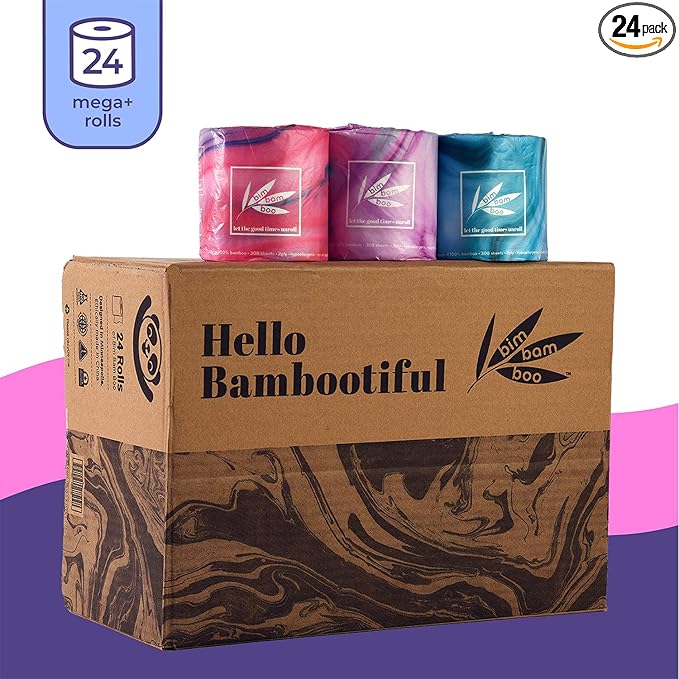 Bim Bam Boo 100% Bamboo Organic Chemical-Free Bulk Toilet Paper, Cloud-like Softness, Plant-Based Sustainable Tree-Free Bathroom Tissue, 24 Eco-Friendly Rolls, 2 Ply, 295 Sheets for RV and Camping