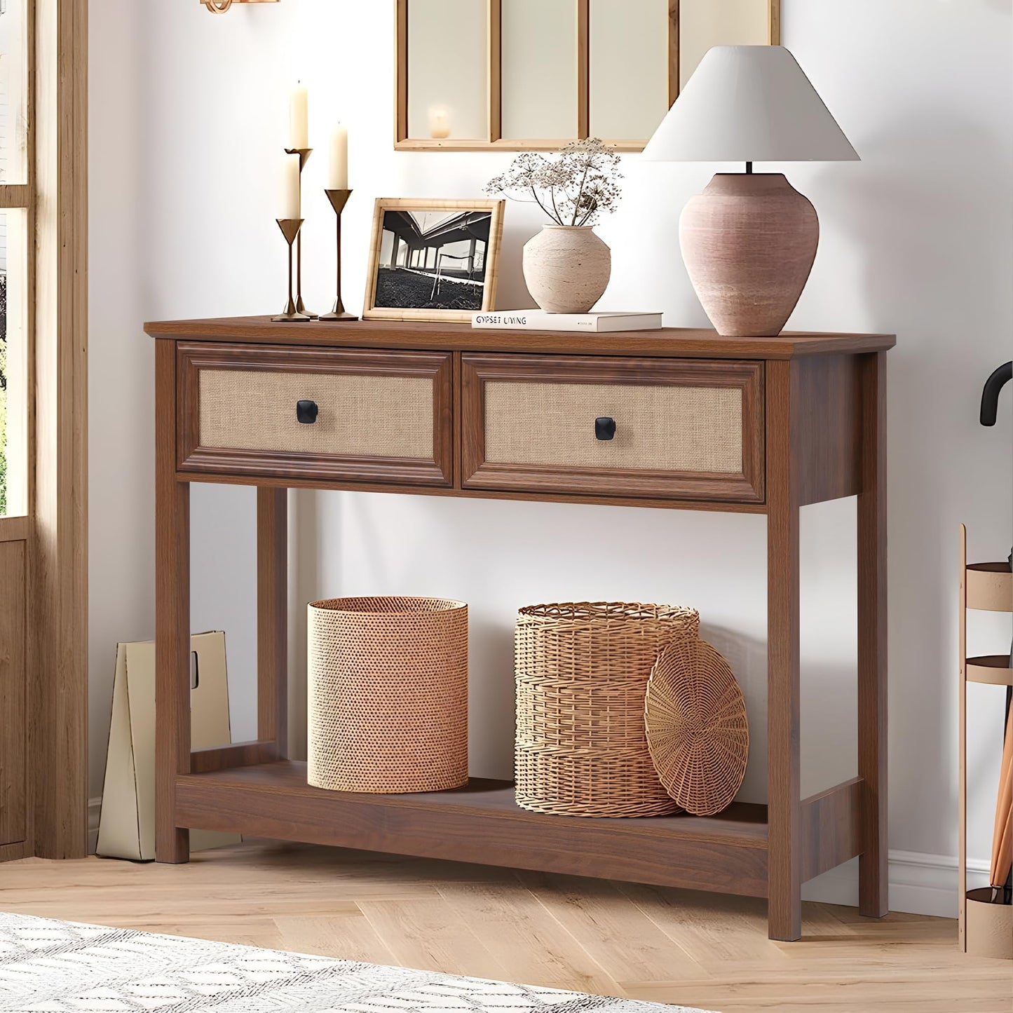 Boho Console Table with Burlap Rattan Drawers, 2 Tier Modern Narrow Entryway Table Foyer Table with Open Storage Shelves, Hallway Accent Table Behind Couch Table for Living Room, Walnut