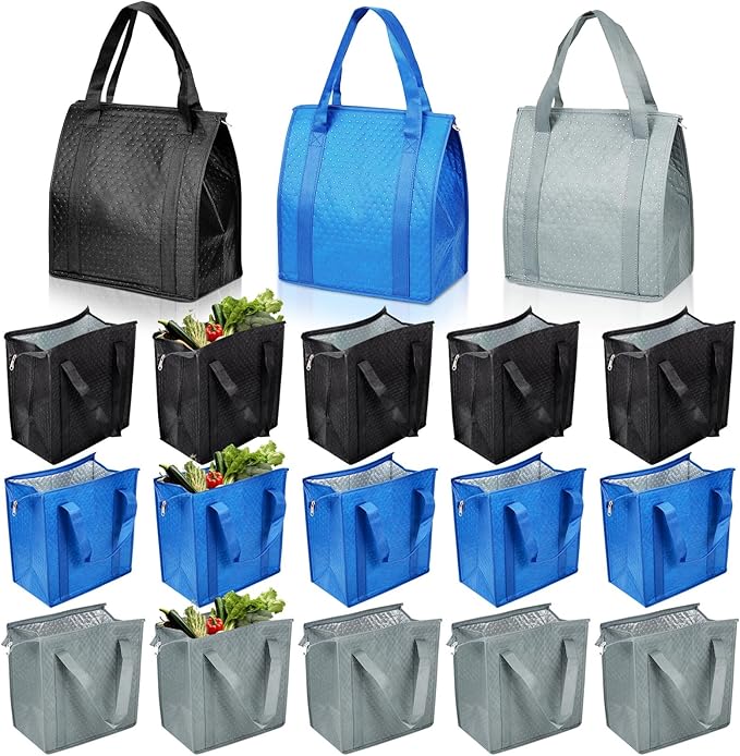 15 Pcs Insulated Cooler Bag – Reusable Cooler Bags with Zipper Top, Thermal Totes for Hot & Cold Food, Foldable, Washable, Sturdy Handles, Ideal for Shopping, Lunch Travel,(Black Blue Grey)
