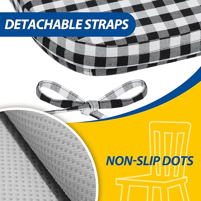 AAAAAcessories D-Shaped Chair Cushions, 2" Thick Dining Chair Pads with Ties and Removable, Machine-Washable Cover, 17" x 16", Set of 2, Checkered Black/White