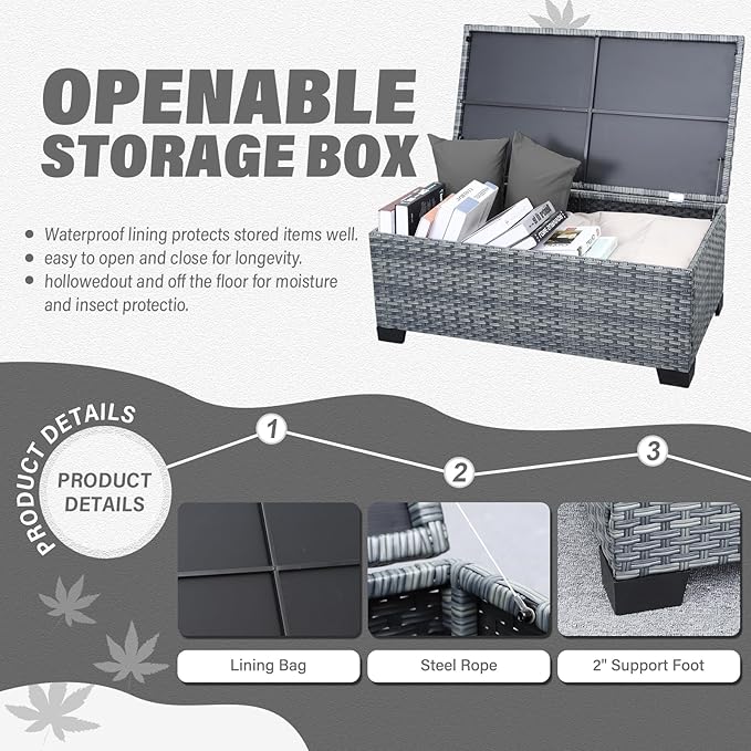 4 Piece Wicker Patio Furniture Sets Outdoor Conversation Set PE Rattan Sectional Sofa Couch with Storage Table and Grey Cushions