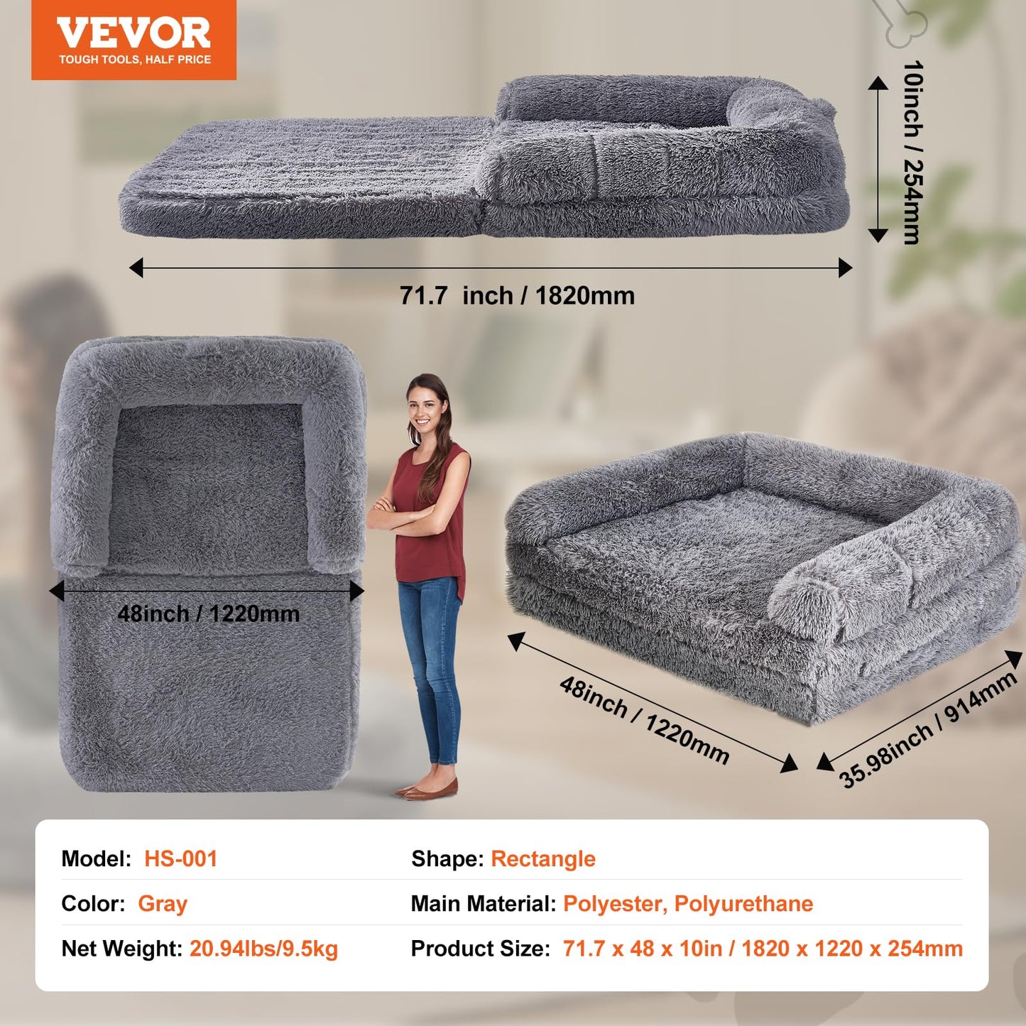 VEVOR Foldable Human Dog Bed, 72"x48"x10" Giant Human Sized Dog Bed with Washable PV Velvet Cover, Egg Orthopedic Foam, Storage Pocket, for You and Pet, Grey