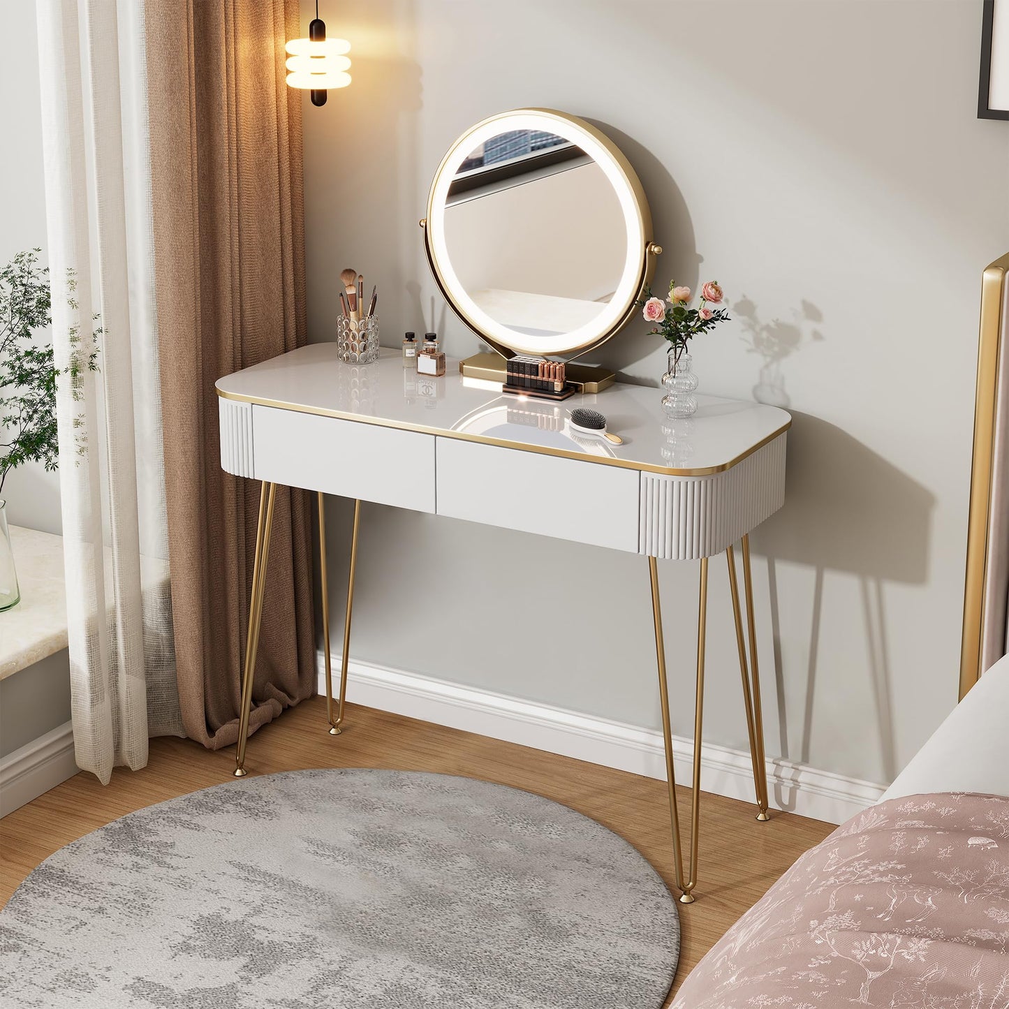 KDCAS Modern Vanity Desk with Mirror and Lights, 39" White and Gold Makeup Vanity Table with 2 Storage Drawers, Stylish Gold Dressing Table for Small Spaces & Bedroom
