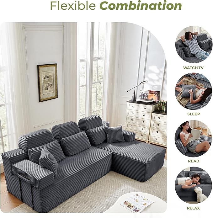 104" L-Shaped Cloud Modular Sectional Sofa with Chaise & Headrest, Boneless Deep Seat Plush Corduroy Couches for Large Living Room, No Assembly Required (Dark Gray, 104" L-shapred Chaise)