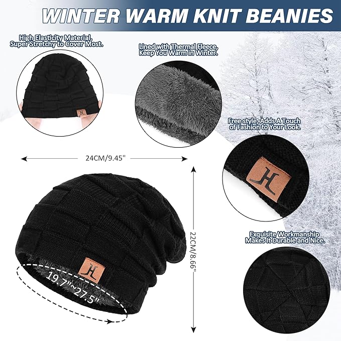 Mens Winter Beanie Hats Scarf Set Warm Knit Skull Cap Neck Warmer with Fleece Lined Winter Hat for Women