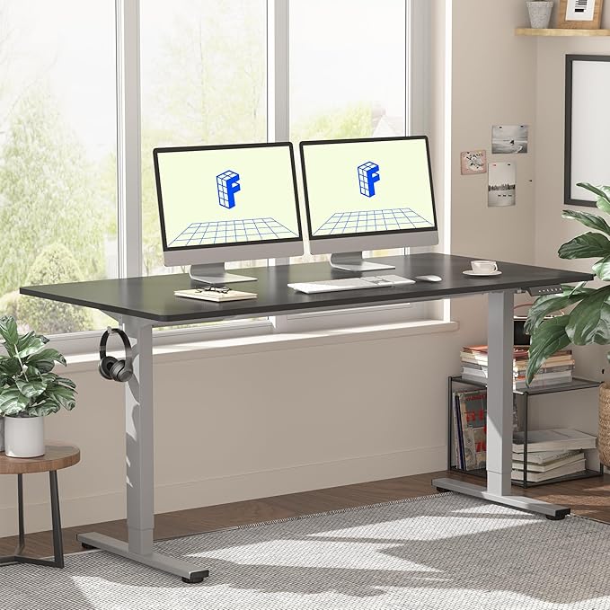 FLEXISPOT EN1 One-Piece Electric Stand Up Desk 55x28 Inches Home Office Computer Standing Table Height Adjustable Desk (Silver Frame + 55" Black Top, 2 Packages)