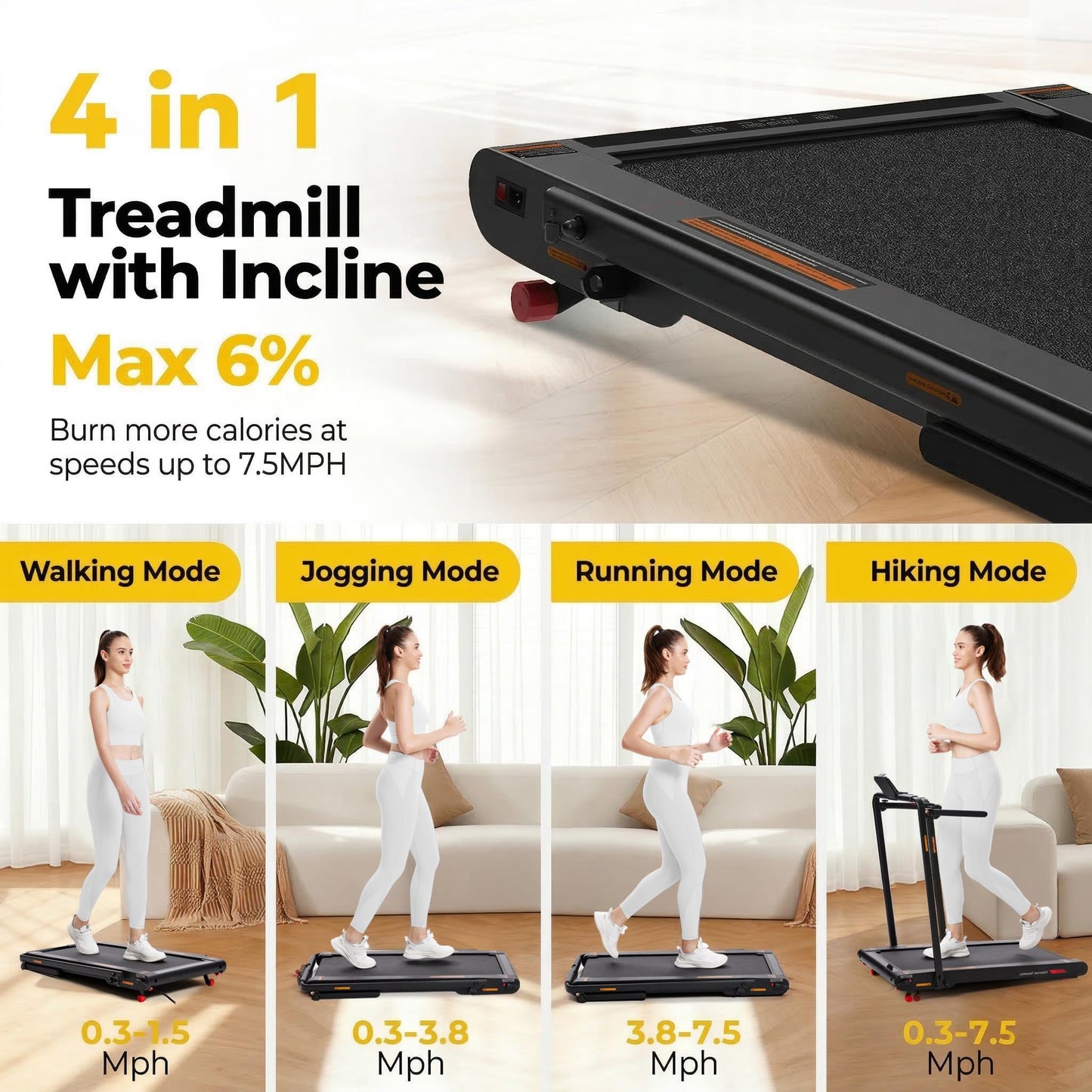 Freepi Walking Pad with 6% Manual Incline,4 in 1 Under Desk Vibration Treadmill for Home,Treadmill with Handle Bar Foldable