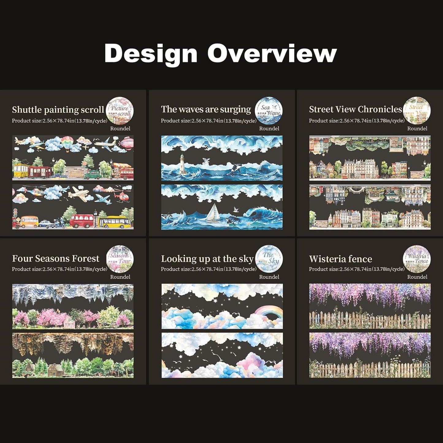 Parallel Scenery PET Tape Set, 6 Rolls Landscape Scrapbook Supplies for Journaling, DIY Crafts, and Planners, Includes Clip