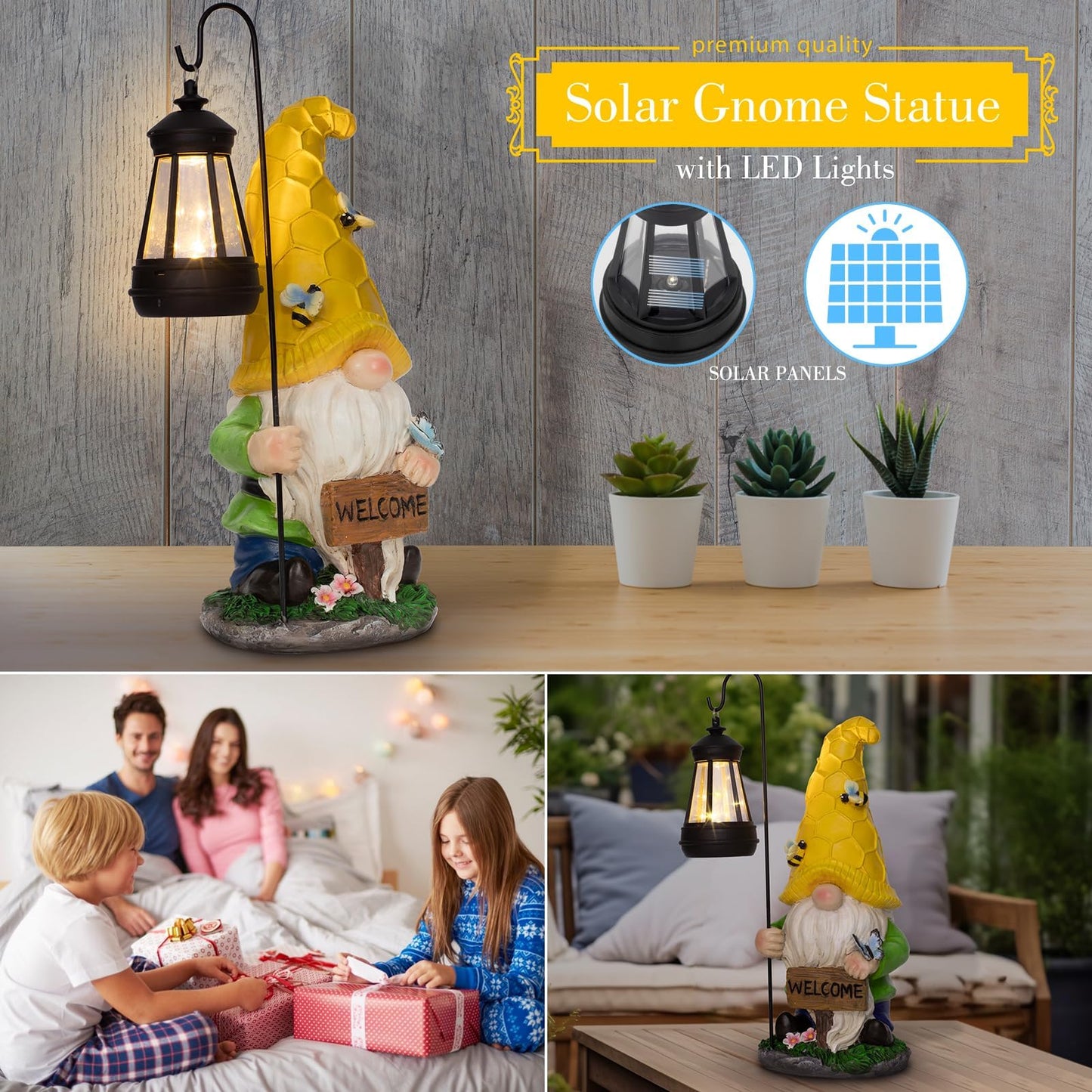 Solar Large Garden Gnomes Outdoor Statues with Lantern Light, Welcome Gnome Garden Outdoor Decor Gift Waterproof Decoration for Patio, Balcony, Yard Ornament Mom Gift