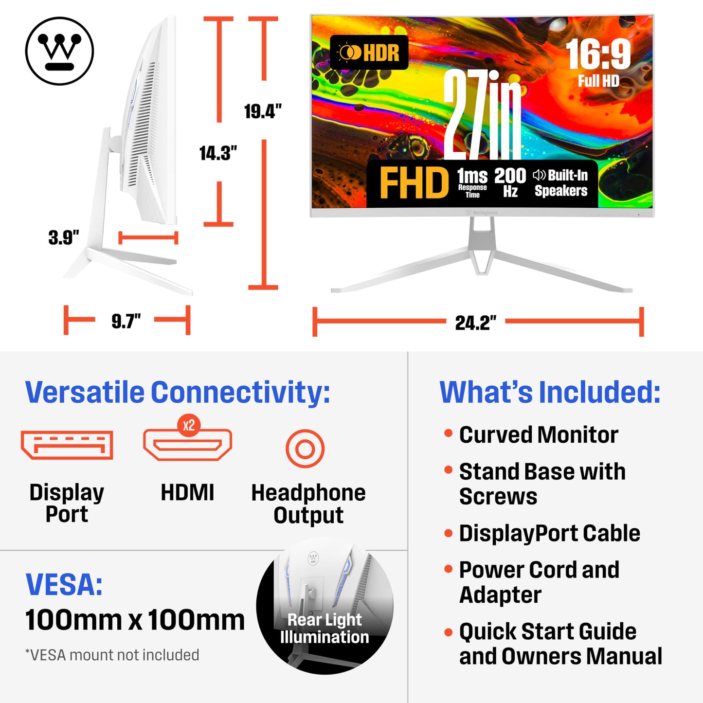 Westinghouse 27 Inch Curved Gaming Monitor, 200Hz, 1ms, FHD 1080P, 3000:1 Contrast Ratio, 118% sRGB, 1500R, AMD FreeSync, Eyecare, for PC Games with Built-in Speakers, DisplayPort, HDMIx2-White