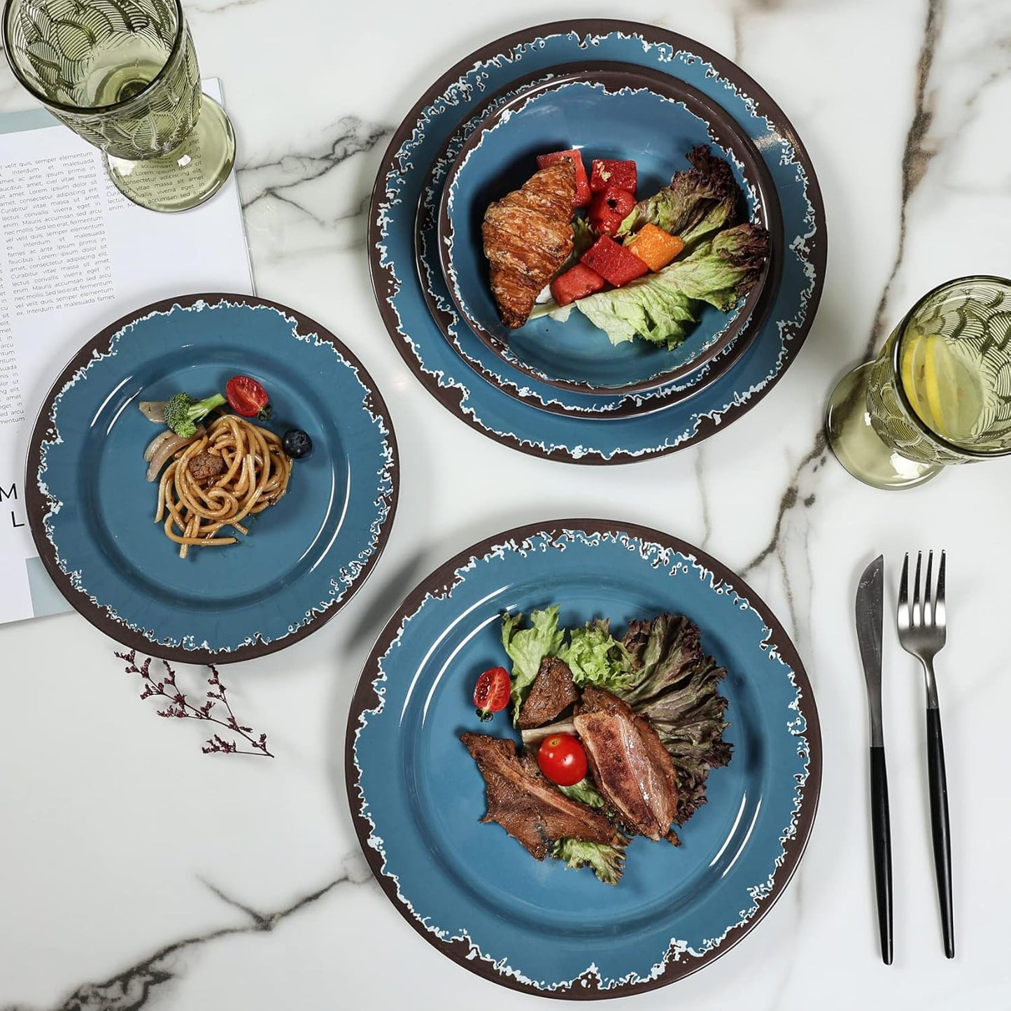 Melamine Dinnerware Set - Yinshine 12-Piece Dishes Set,Shatterproof Plates and Bowls Sets, Lightweight,Unbreakable,Dishwasher Safe,Blue