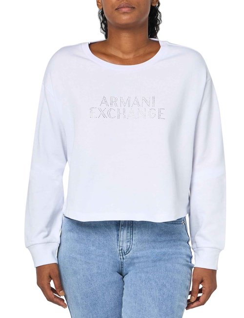 Armani Exchange Women's Rhinestone Logo Cropped Pullover Sweatshirt, Optic White, X-Small