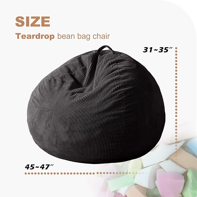 Homguava 4FT Bean Bag Chair for Adults,Teardrop Bean Bags Big Beanbag Chair with Memory Foam Filled and Ultra Soft Removable Corduroy Cover for Living Room, Bedroom (Black)