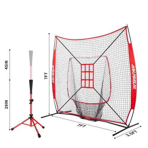 AOLIGEIJS 7'X7' Baseball Softball Practice Net with Tee, Bonus Strike Zone, Bow Frame - Red Net, Tee, Batter Dummy
