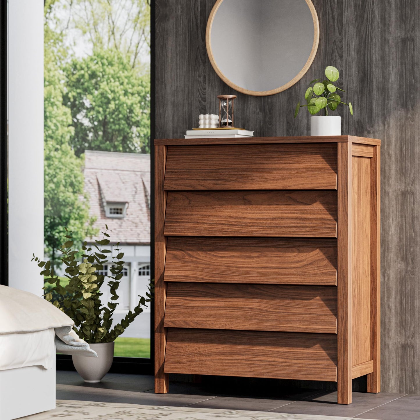 IRONCK 5 Drawer Dresser for Bedroom, Modern Chest of Drawers with Handleless Design, Wooden Tall Dresser Storage Cabinet Bedroom Furniture for Living Room, Hallway, Closet, Walnut