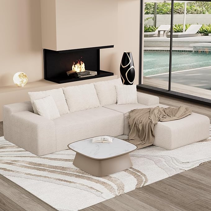 NAYA 106” Modular Sectional Sofa, Cloud Sectional Couch with Deep Seat, Modern Modular L-Shape Sofa Boneless Couch with Chaise for Living Room Bedroom (Beige, Sectional Sofa with Right Facing Chaise)