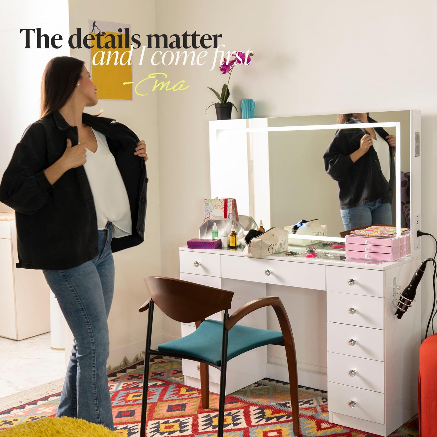 Boahaus Amelia Vanity Desk with LED Mirror – Complete Makeup Station with 11 Drawers, Integrated Power & Built-in Speakers