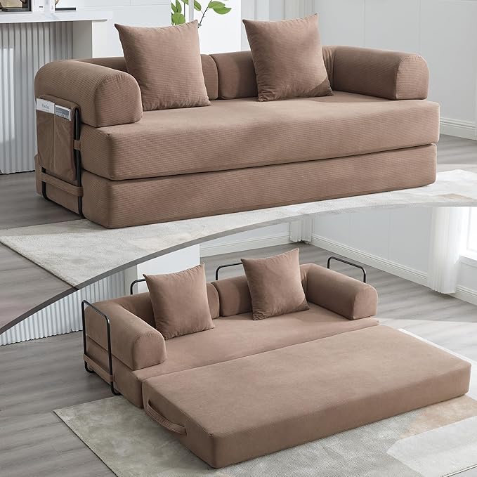 ZEIINPA Convertible Folding Mattress Couch, Comfy Corduroy Sleeper Floor Sofa Bed with Fixed-Shape Frame, Floor Sofa with Armrest, Lounge Couch for Living Room Bedroom Lounge Studio,Brown