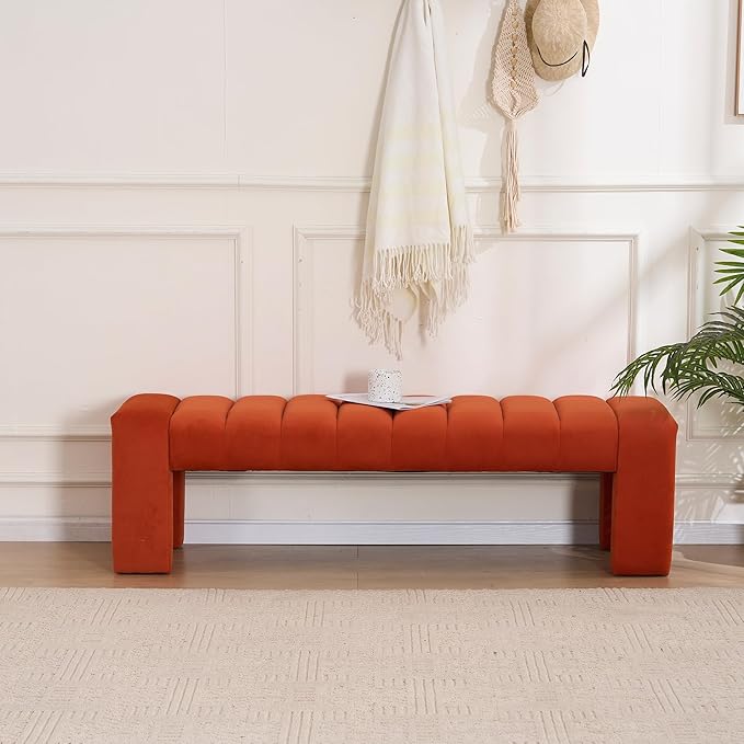 AIITTCC Velvet End of Bed Bench Upholstered Modern 59" Bedroom Bench for King Bed Bench Tufted Window Bench Comfy Long Ottoman for Living Room/Entry/Indoor (Orange, 59" Wide)