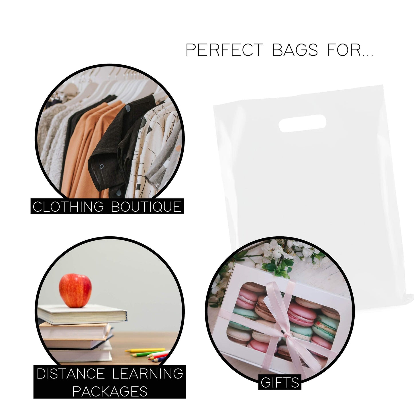 Purple Q Crafts Plastic Bag With Die Cut Handle Bag 12" x 15" White Plastic Merchandise Bags 100 Pack for Retail, Gifts, Trade Show and More