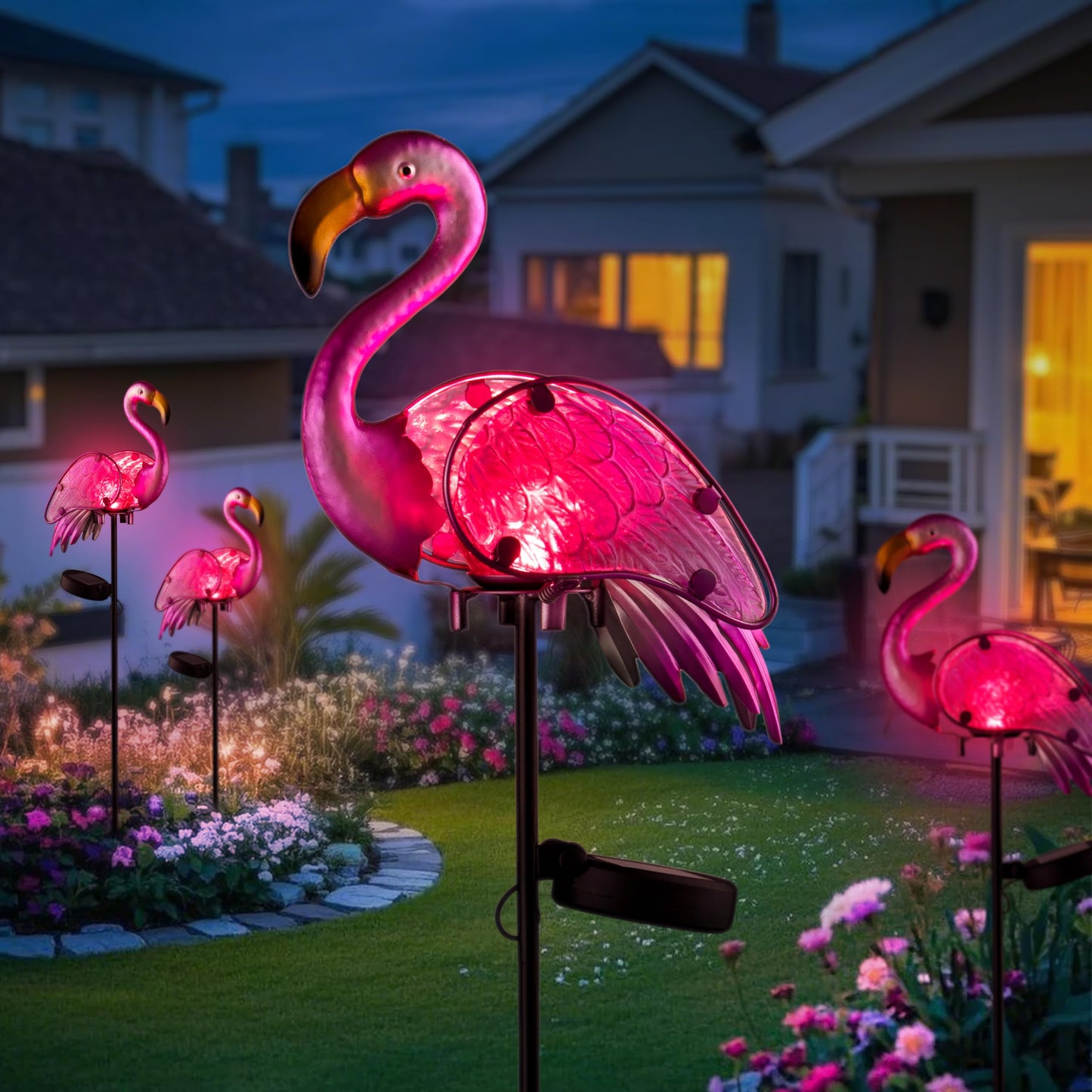 AWENDIETOU Garden Solar Lights,Pink Flamingos for Yard Art Decor,Solar Metal Flamingo Lights Outdoor,Solar Powered Statues for Yard and Garden,Flamingo Gifts for Women