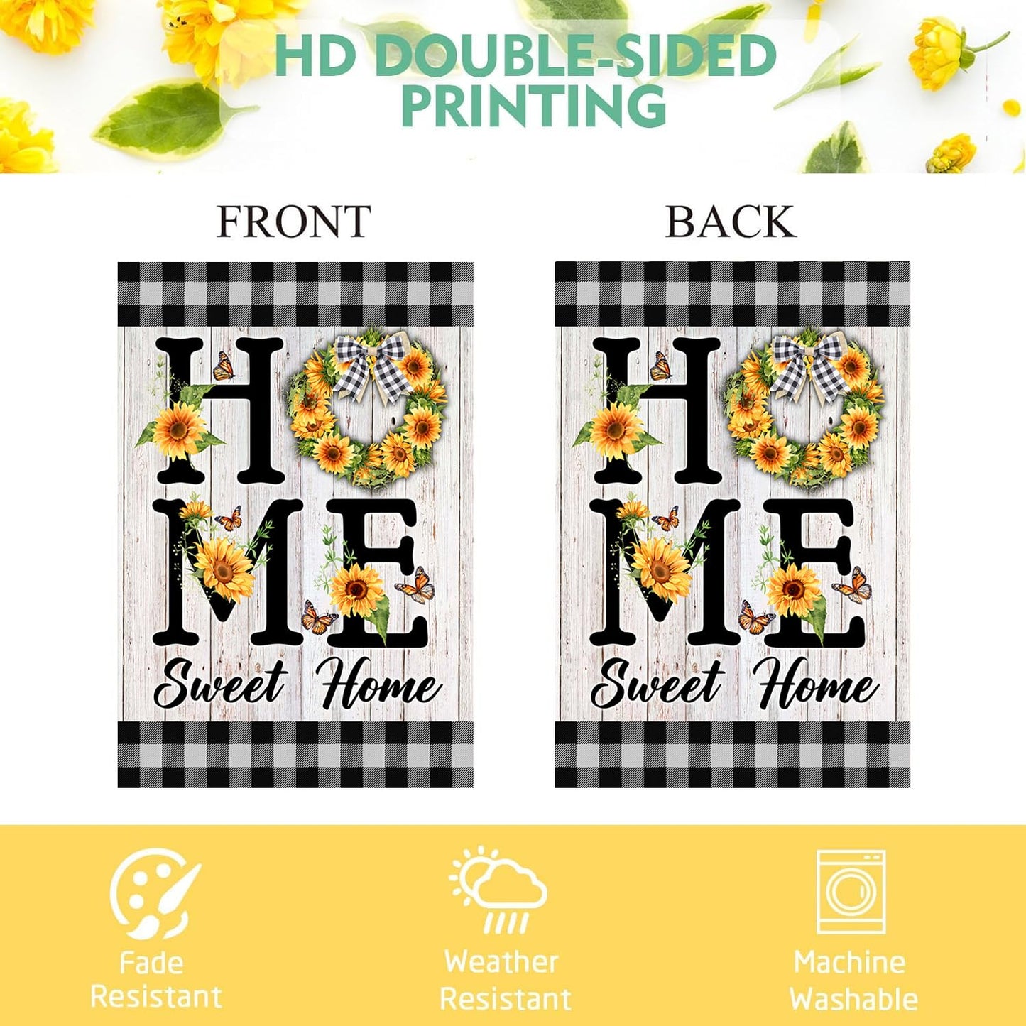 Home Sweet Home Sunflower Flag Double Sided, Summer Plaid Outdoor Decor for Yard, Set of 2 Summers House Flags 28x40 & Garden Flags 12x18 Double sided (House + Garden Flags)