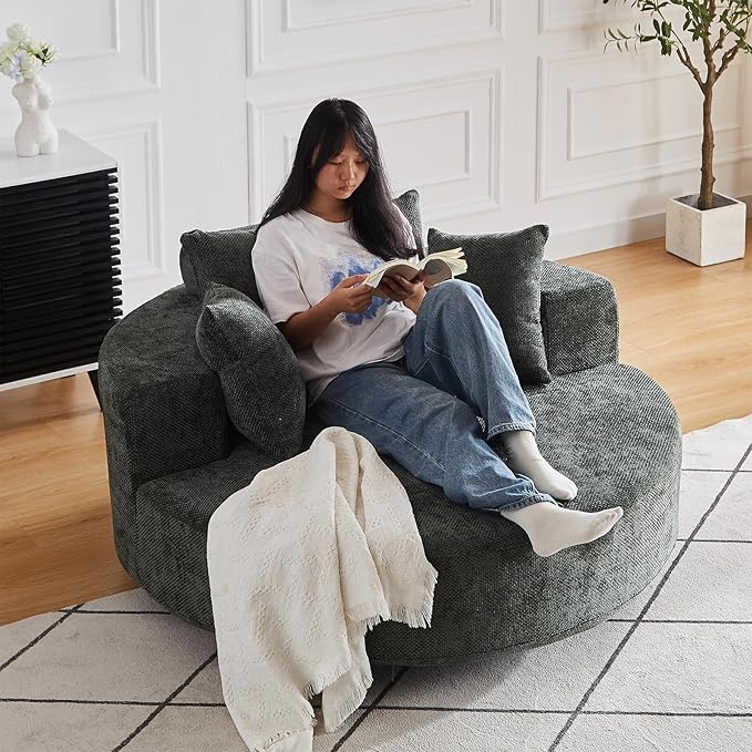 Oversized Round Swivel Chaise Longue Chair Indoor, Modern 55-inch 360 Degree Swivel Upholstered Waffle Chenille Deep Seat Circle Single Cloud Sofa Chair for Living Room Bedroom Apartment Office, Green