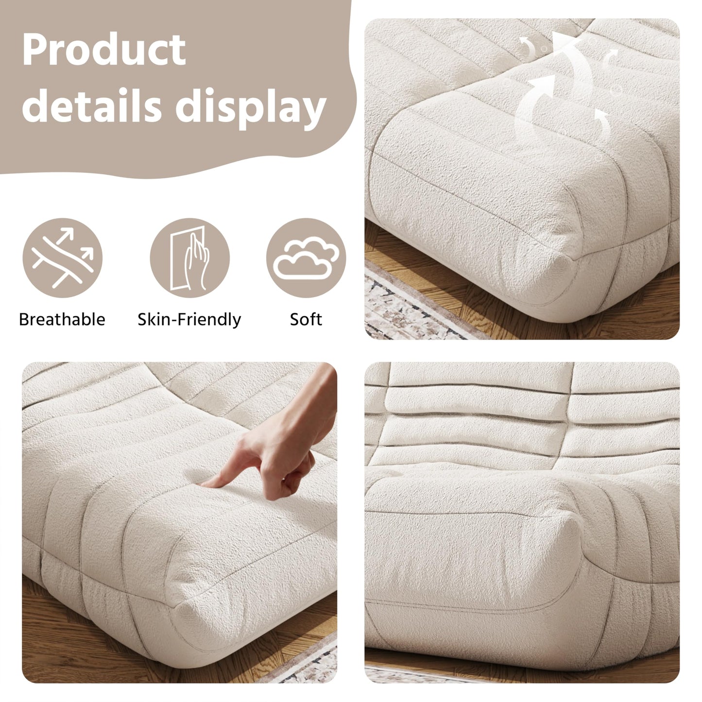Bean Bag Chair, Fireside Chair, Large Bean Bag Chair for Adults, Bean Bag Chairs for Teens with High-Resilience Foam, Non-Slip Base Floor Lounge Sofa,Living Room (Beige, Loveseat)