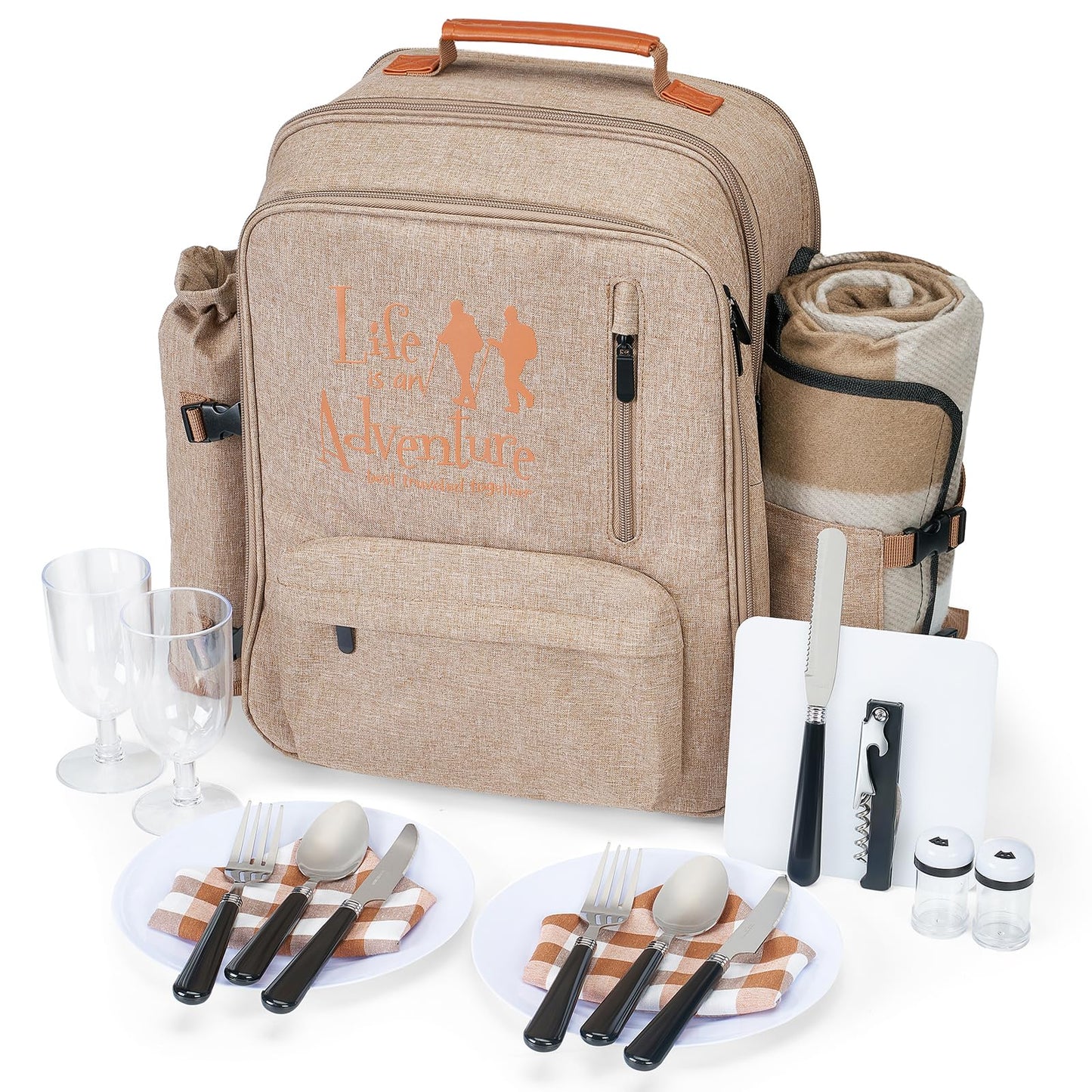 24L Insulated Picnic Basket Leak Proof Picnic Backpack for 2, Light Brown Camping Gifts, Cool Bridal Shower Gifts for Bride & Groom, Mr & Mrs, Anniversary Engagement Wedding for Newly Engaged Couples