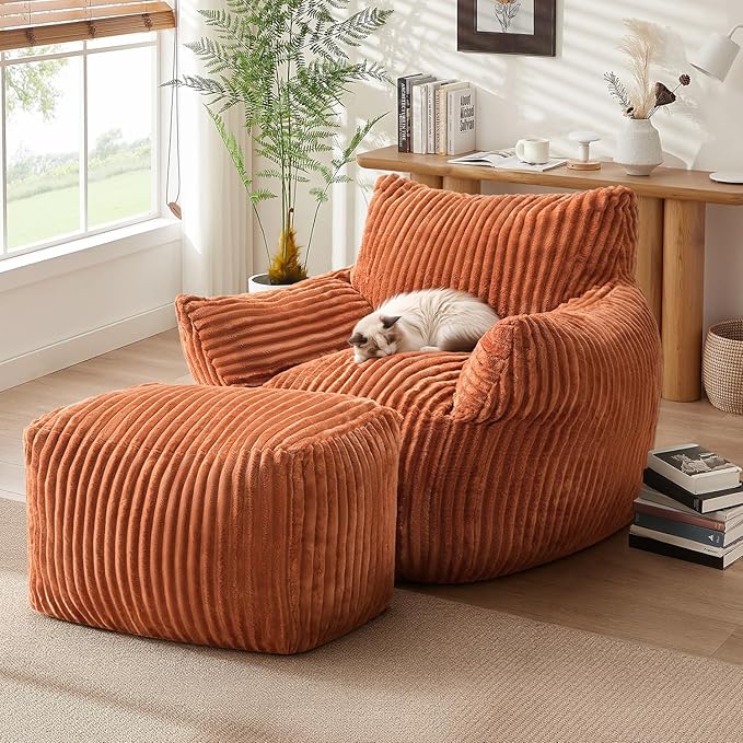 JULY'S SONG Bean Bag Chair with Ottoman for Adults, Fluffy Orange Lazy Couch Sofa Chair with Armrests for Living Room, Bedroom & Dorm