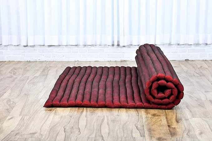 Leewadee - Foldable Floor Mattress - Japanese Roll Up Futon -Trifold Tatami Mat- Guest Floor Bed - Camping Mattress - Thai Massage Mat, Kapok Filled, 75 x 57 inches, Red