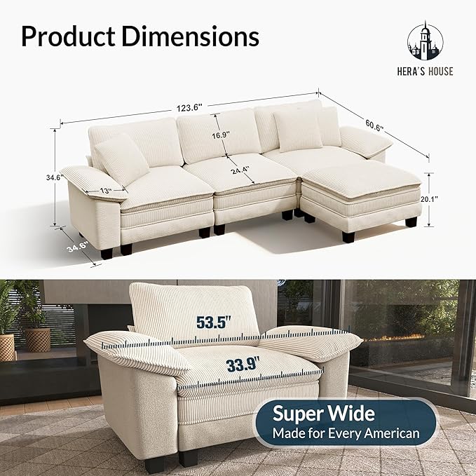 HERA'S HOUSE 124" Modular Sectional Sofa, Oversized L Shaped Couches for Living Room, Comfy Cloud Couch with Ottoman, 4-Seater Deep Seat Sofa with Throw Pillow, Corduroy and Chenille Beige