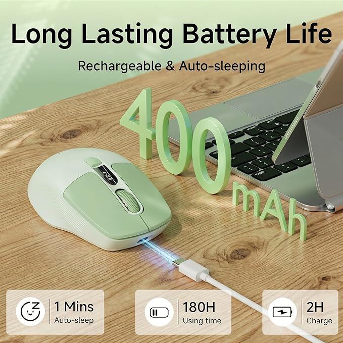 EWEADN Q1 Wireless Mouse, BT & 2.4G Silent Mouse Quiet Click with 1600 DPI Levels, Battery & DPI LED Screen Display, 6 Button Small Portable Bluetooth Mouse for Laptop/PC/Mac-Green