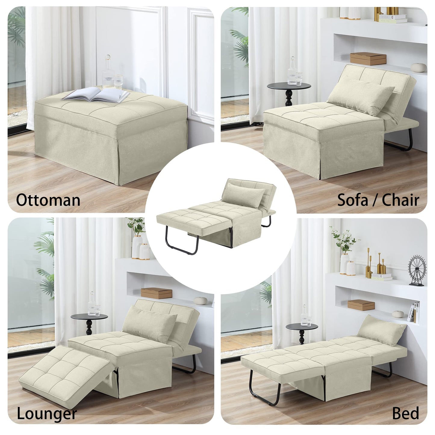 BIGSYY Sofa Bed, 4 in 1 Multi-Function Folding Ottoman Breathable Linen Couch Bed with Adjustable Backrest Modern Convertible Chair for Living Room Apartment Office, White